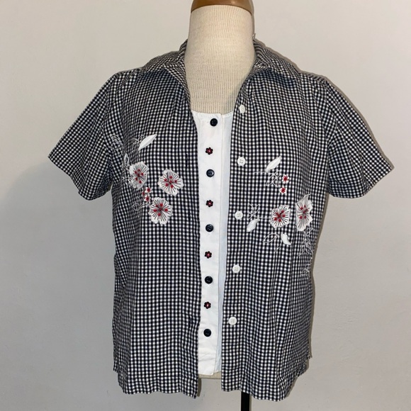 Lemon Grass Tops - Black and White Checkered Shirt with Floral Embroidery
